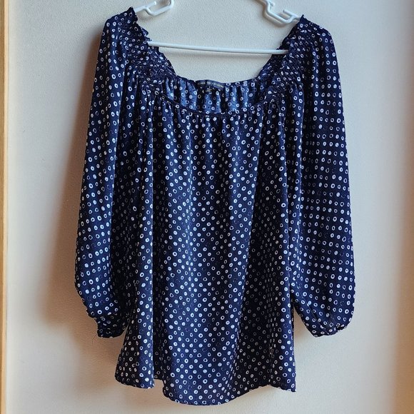 Adrienne Vittadini Blue/White Micro Print Blouse Size Large - Picture 1 of 16